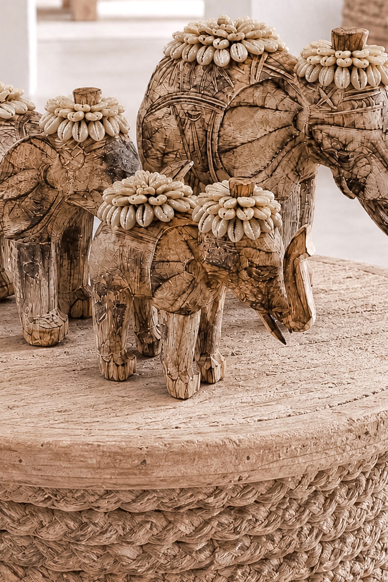 Ibizamode handcrafted wooden elephant decor with shell details in bohemian interior