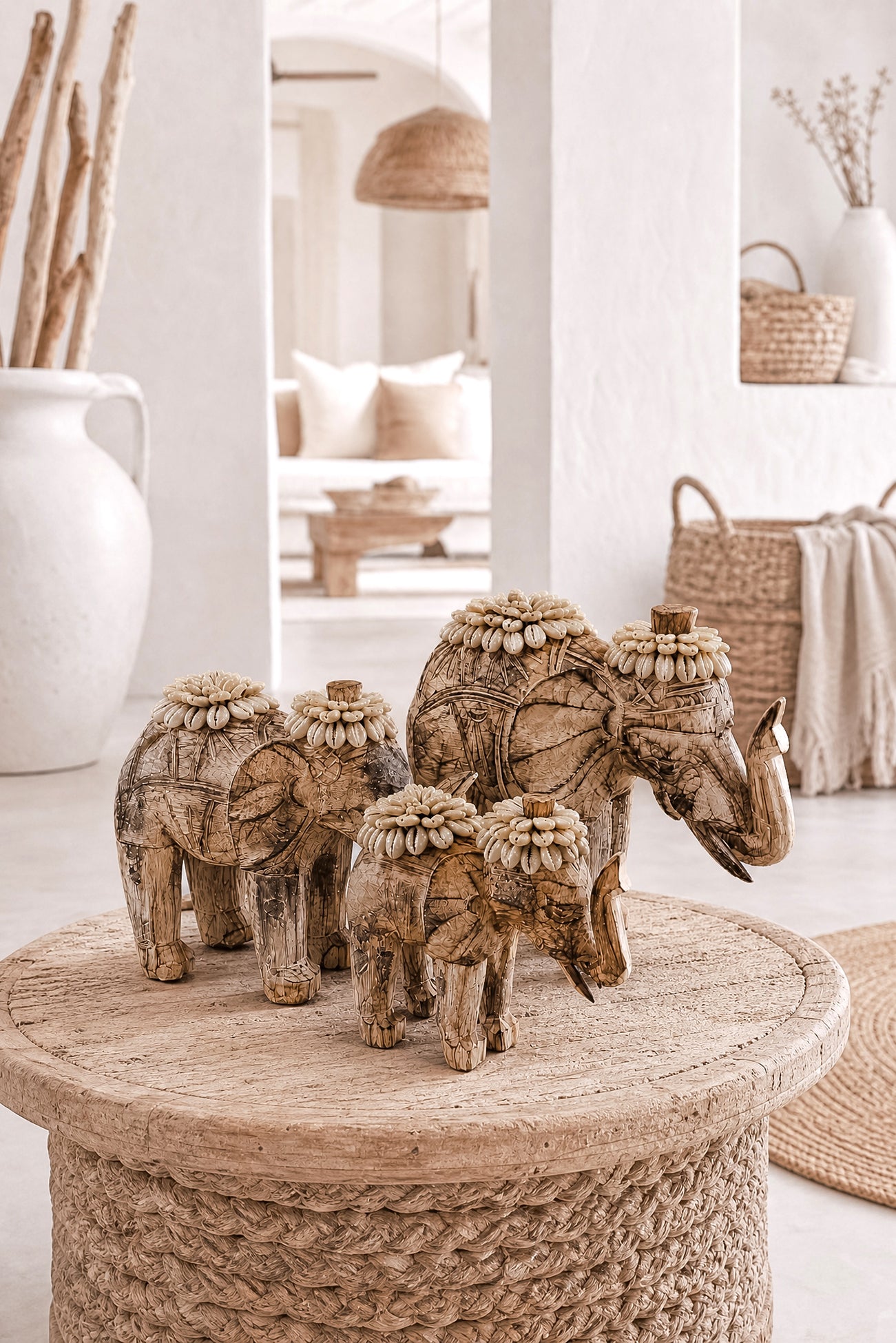 Ibizamode handcrafted wooden elephant decor with shell details in bohemian interior