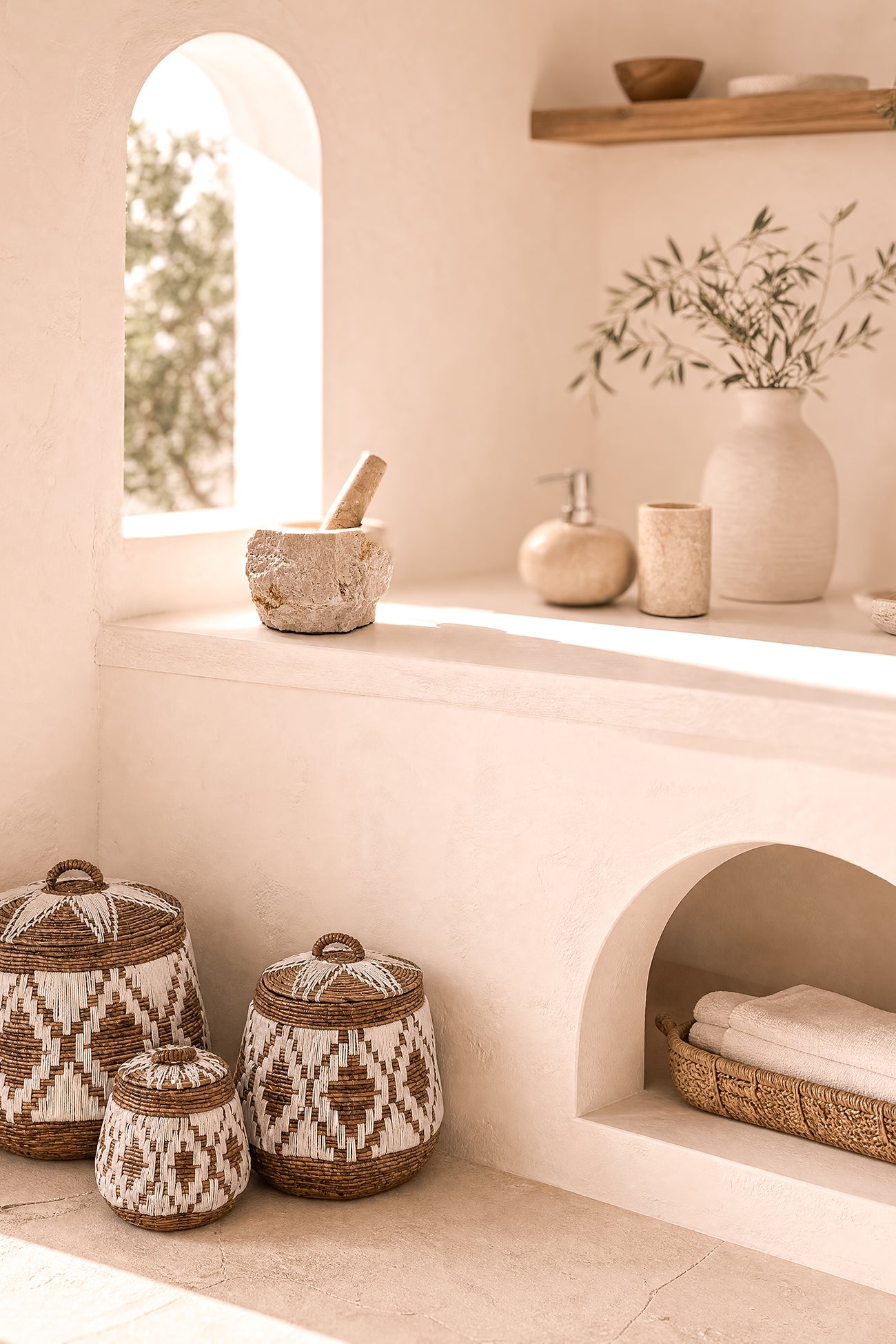 Ibizamode natural marble mortar and pestle with organic stone texture in bohemian interior