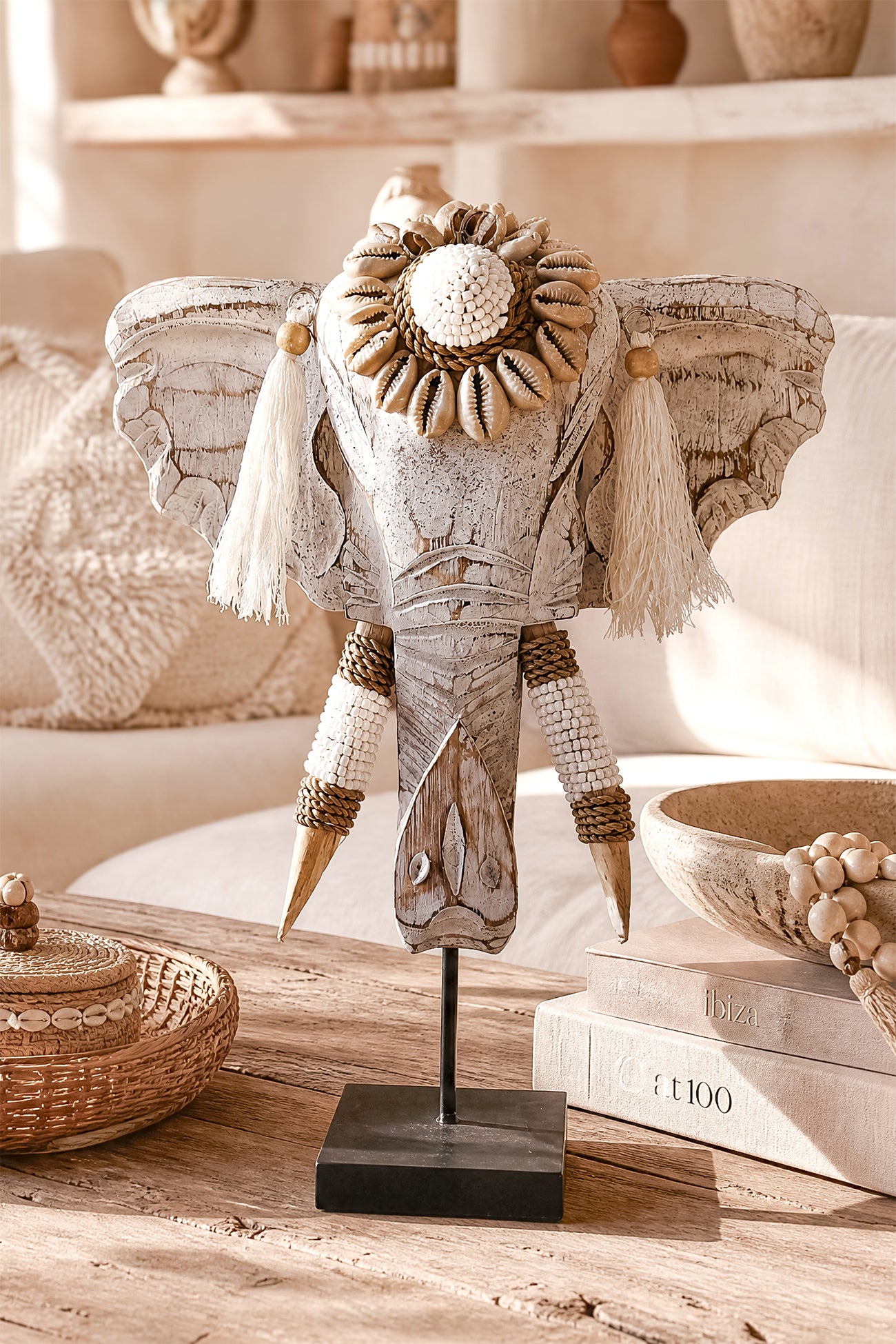 Ibizamode handcrafted white wooden elephant decor with shells and tassels in bohemian interior
