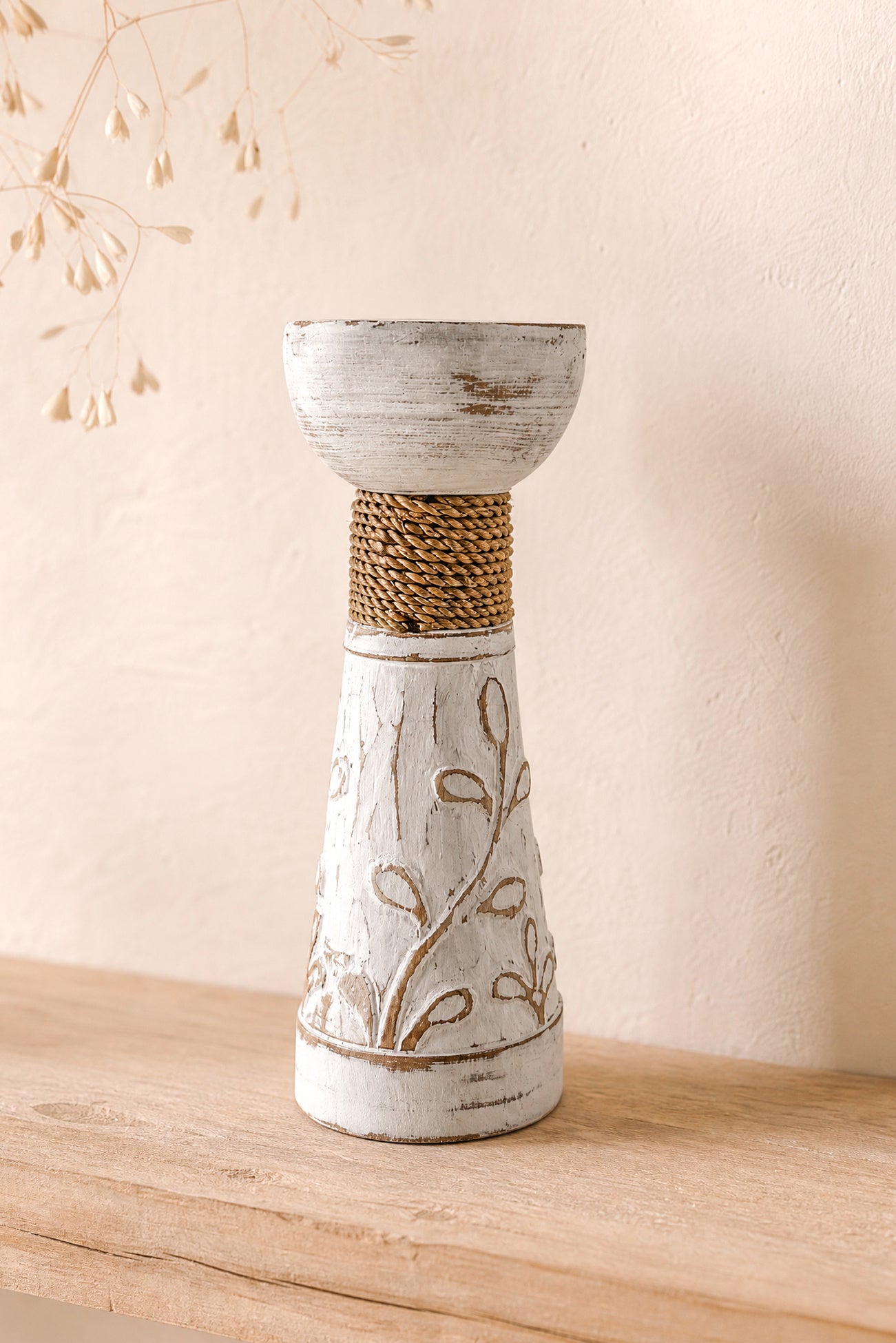 Ibizamode Leaves Candlestick White houten kandelaar met bohemian details