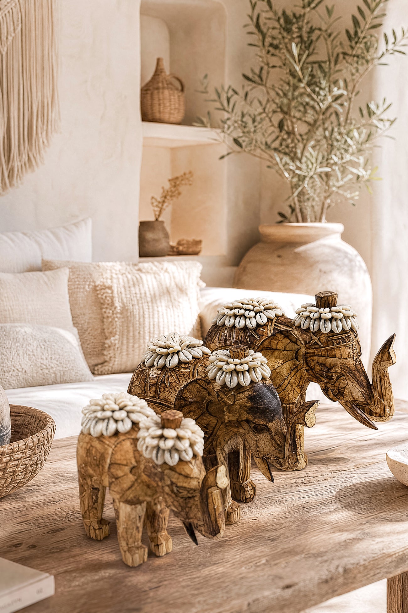 Ibizamode handcrafted wooden elephant decor with shell details in bohemian interior