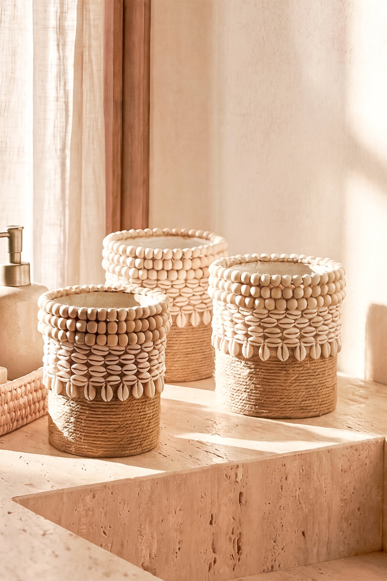 Ibizamode small handmade basket with shell details in bohemian bathroom interior