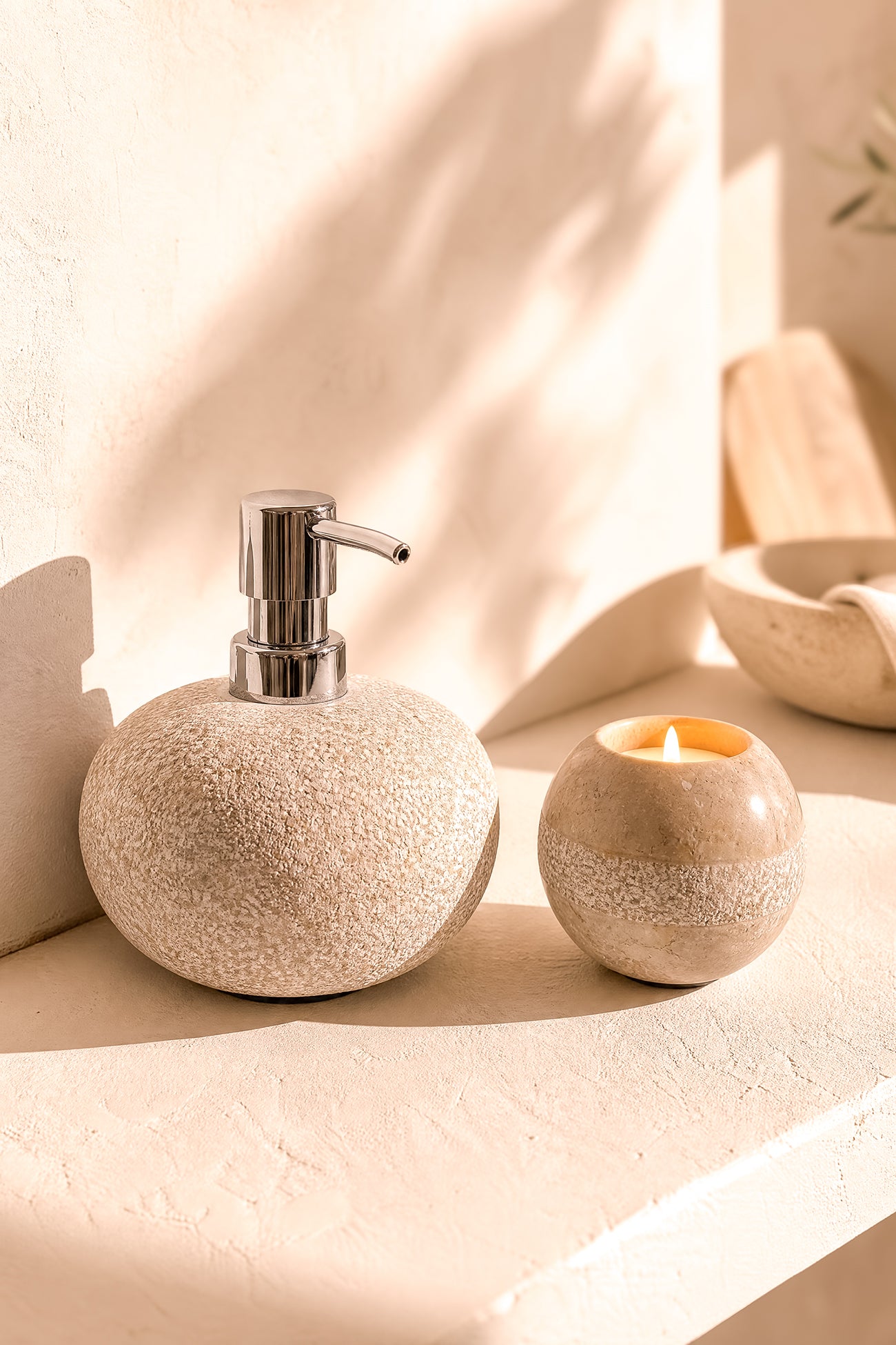 Ibizamode natural marble tealight holder with pearl texture in bohemian interior styling