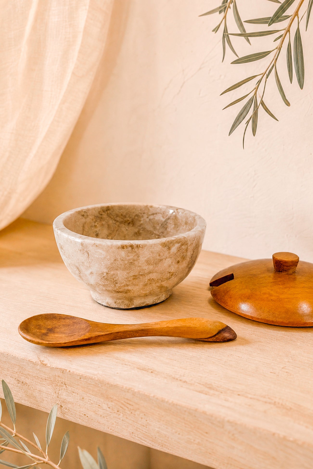 Ibzhome Marble Sugar Pot marmeren suikerpot met houten deksel en lepel