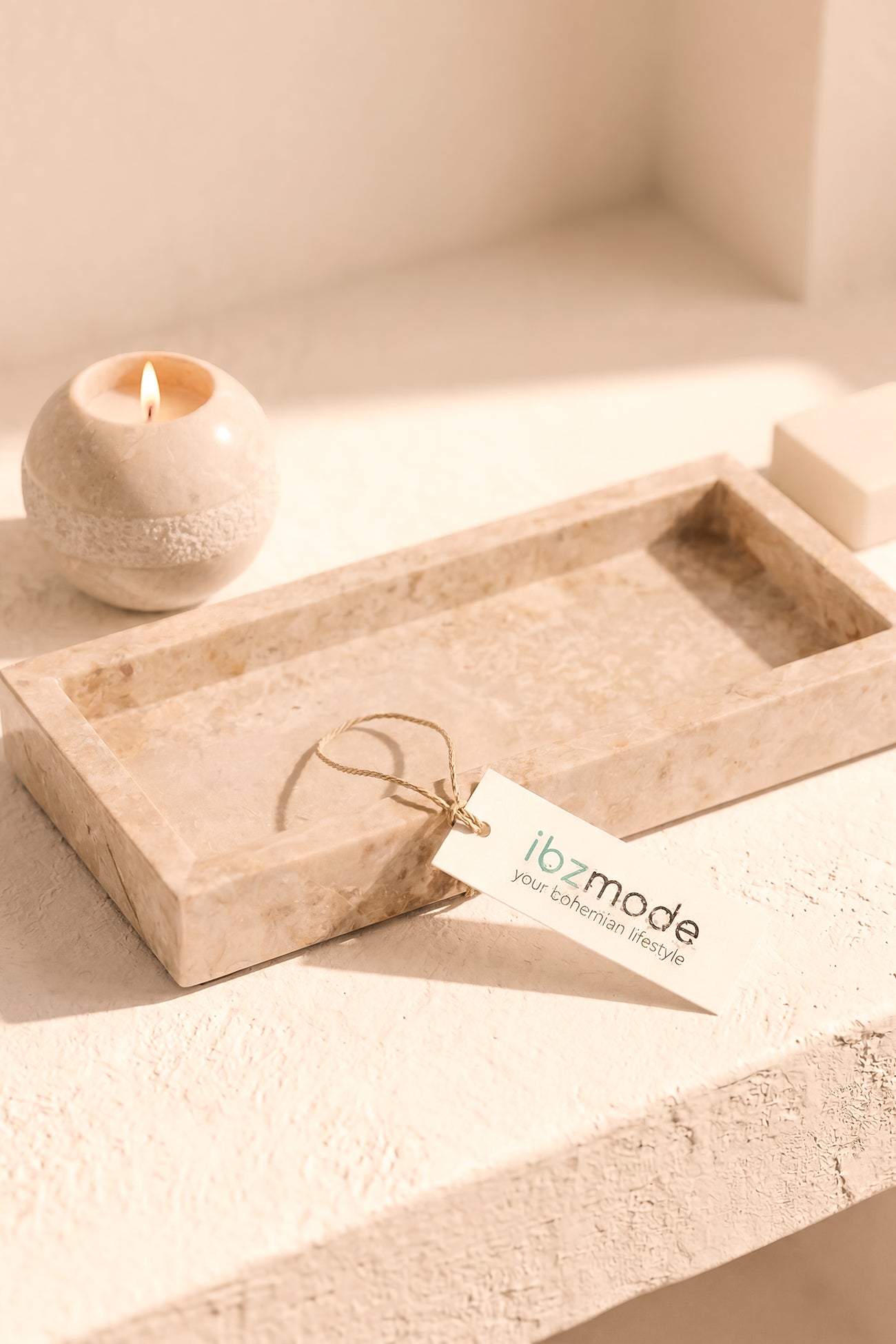 Ibizamode natural marble tealight holder with pearl texture in bohemian interior styling