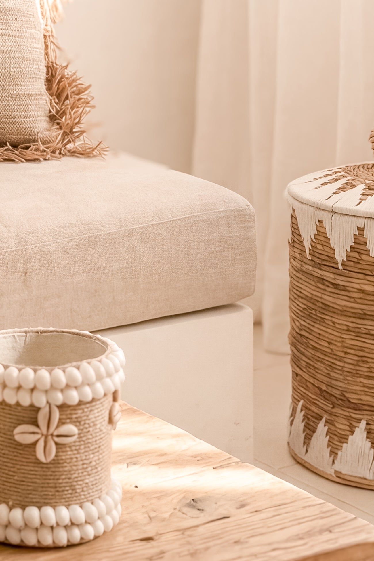 Ibizamode small handmade basket with shell details in bohemian bathroom styling