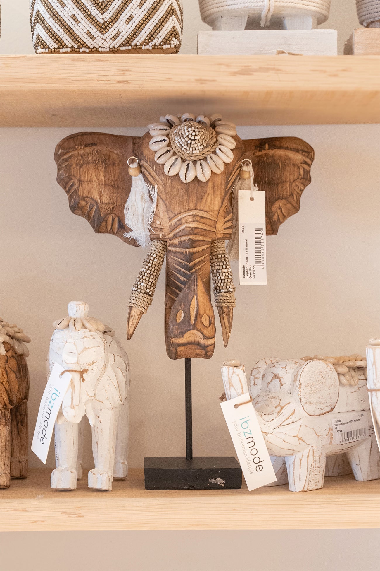 Ibizamode handcrafted white elephant decor with shell details in bohemian interior