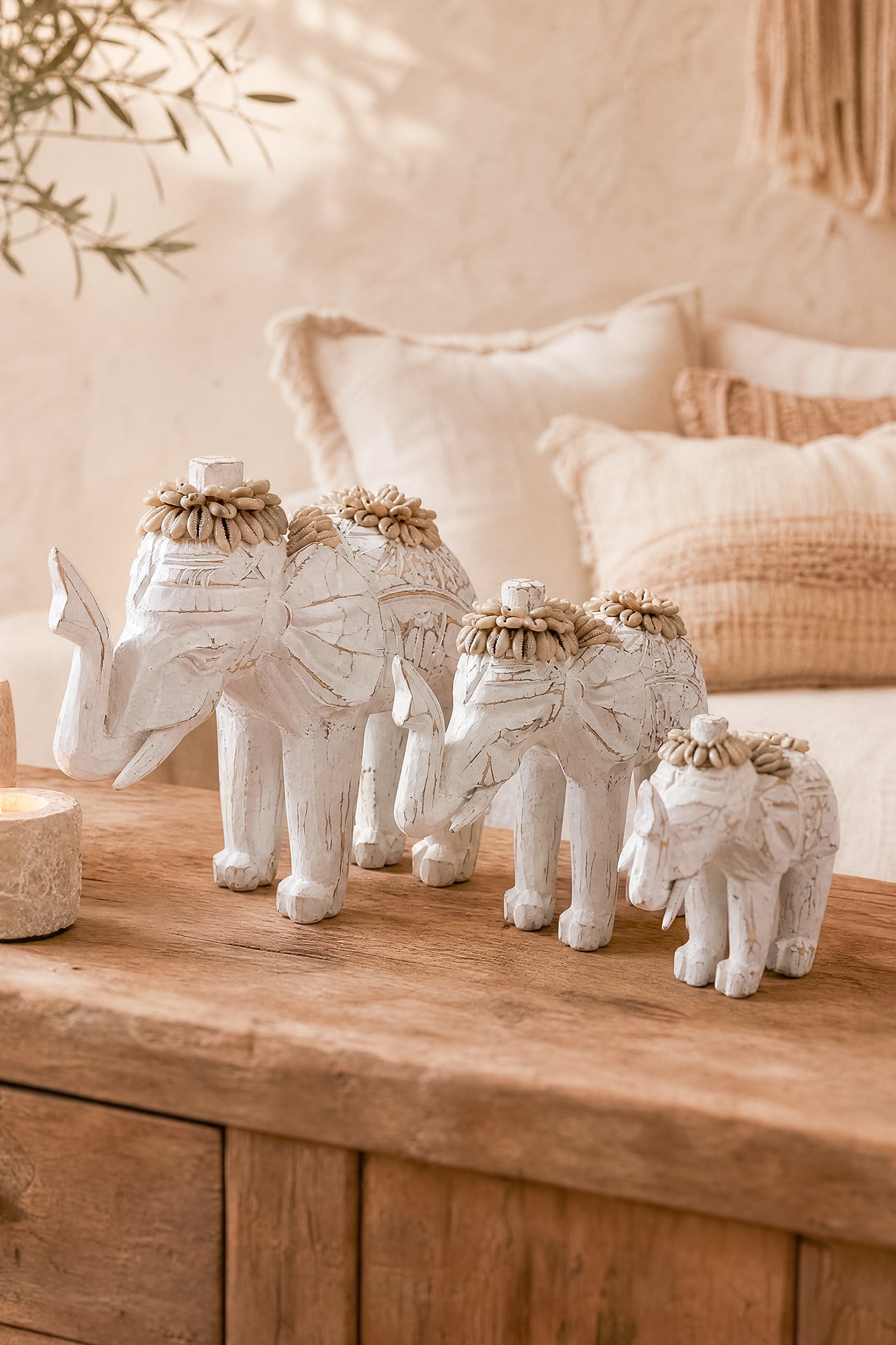 Ibizamode handcrafted white elephant decor with shell details in bohemian interior