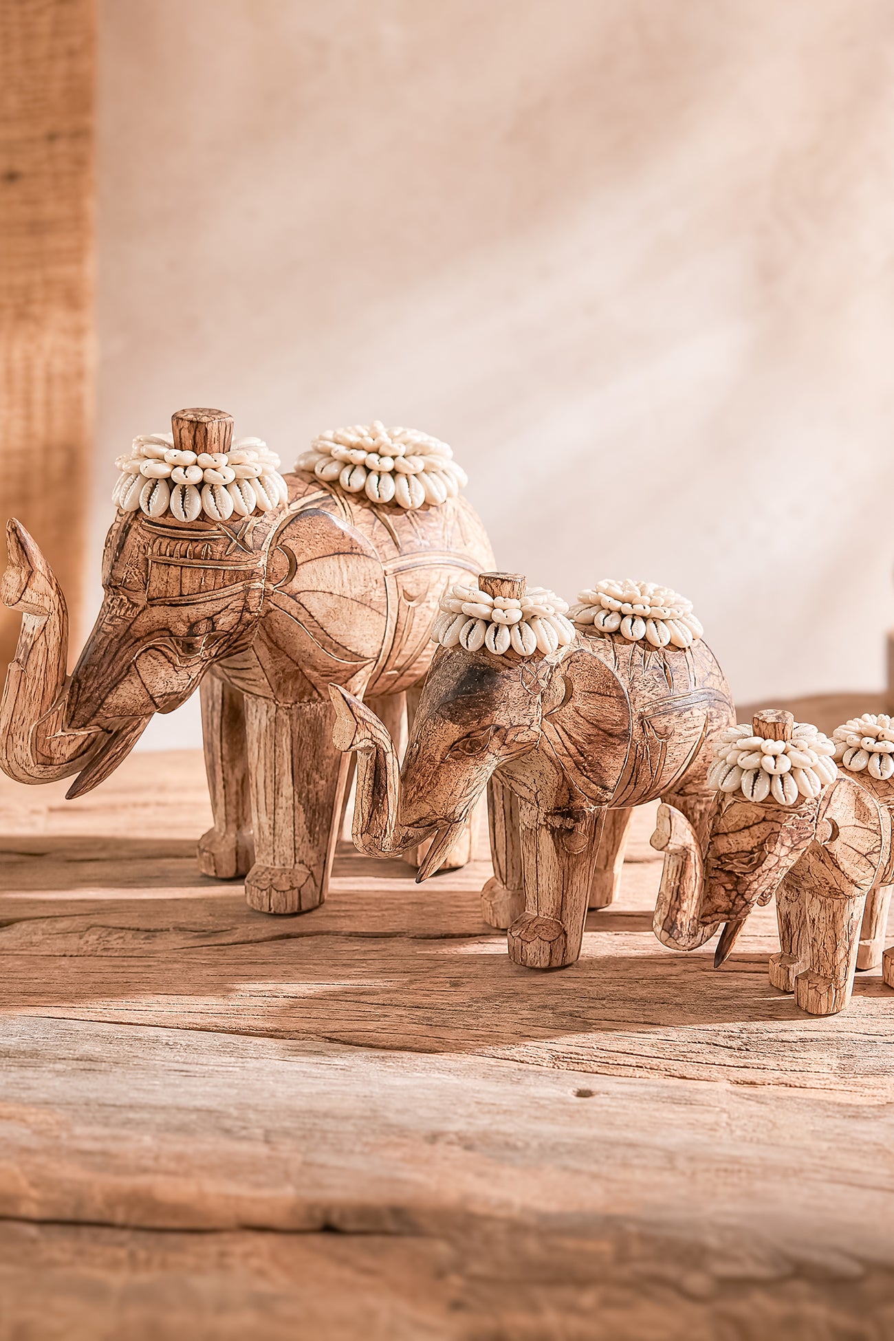 Ibizamode handcrafted wooden elephant decor with shell details in bohemian interior