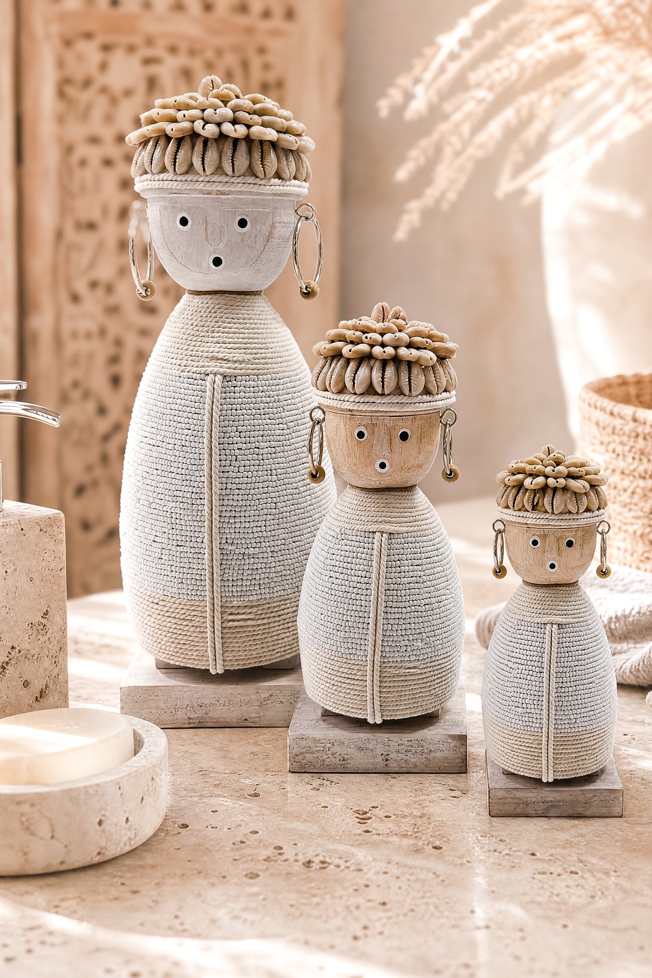 Ibizamode handcrafted white boho soul doll with shell details in bohemian interior
