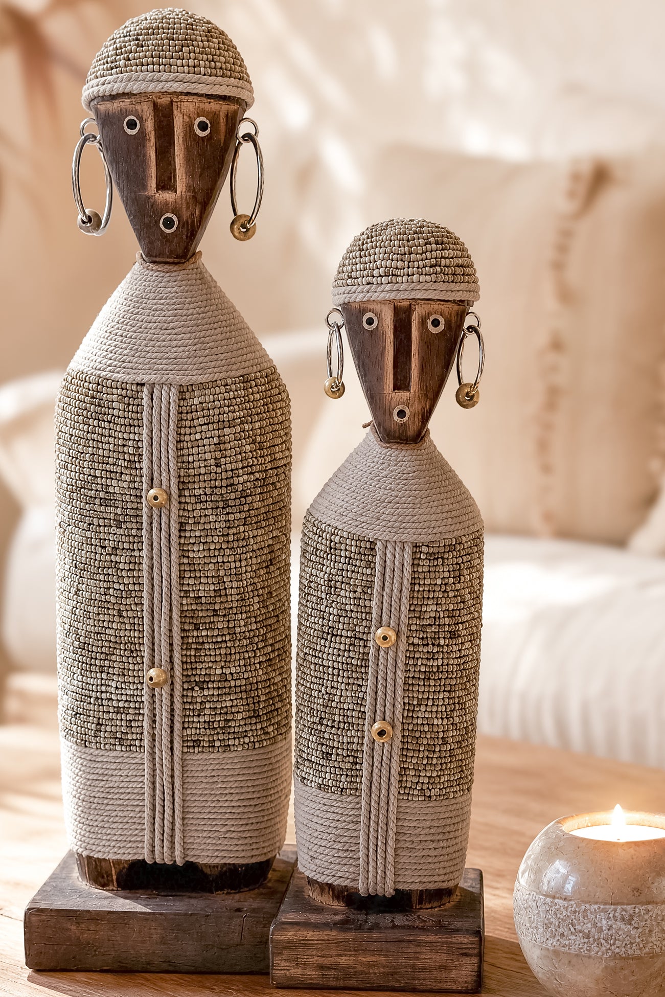 Ibizamode handcrafted nomad beaded doll in natural bohemian interior styling