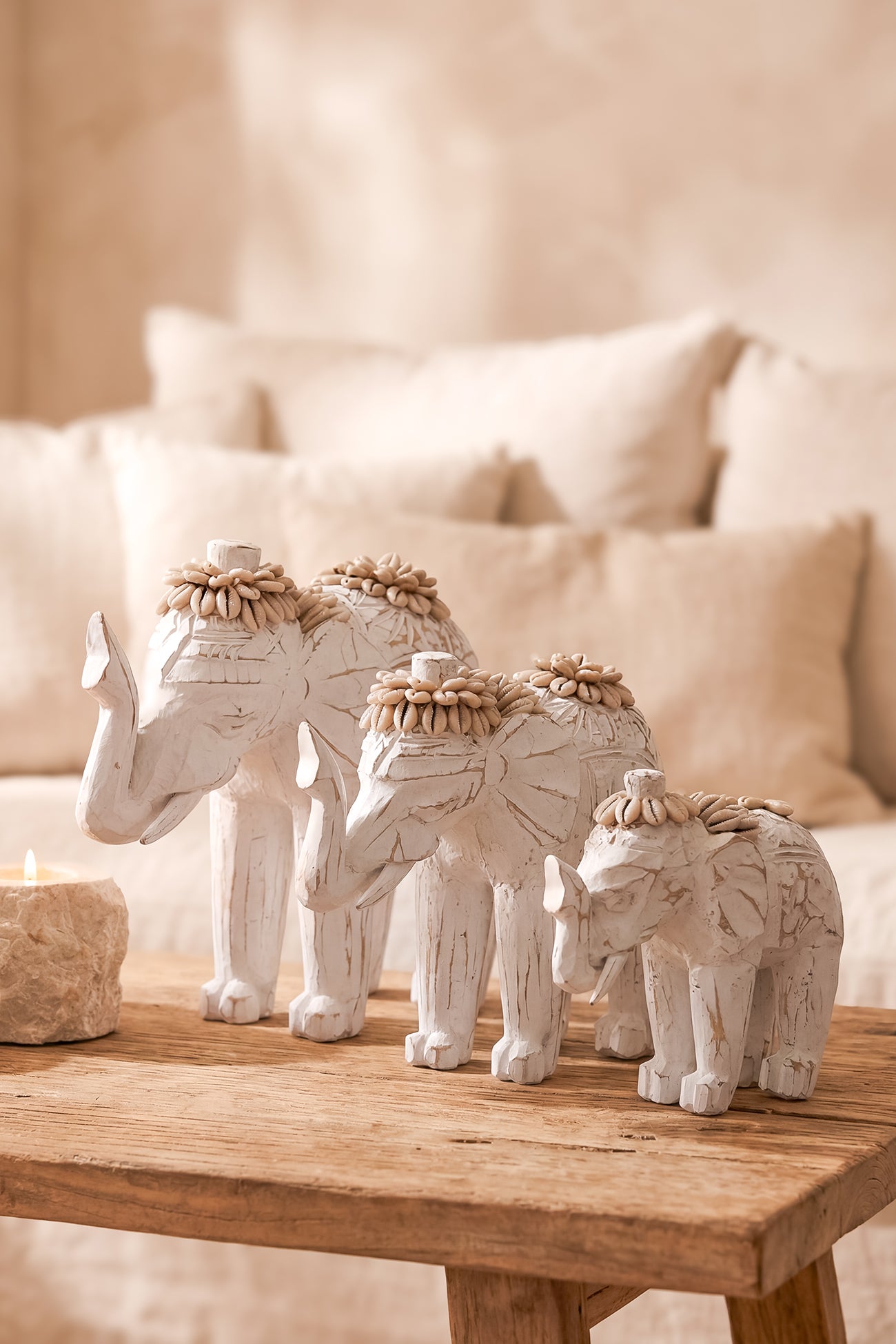 Ibizamode handcrafted white elephant decor with shell details in bohemian interior