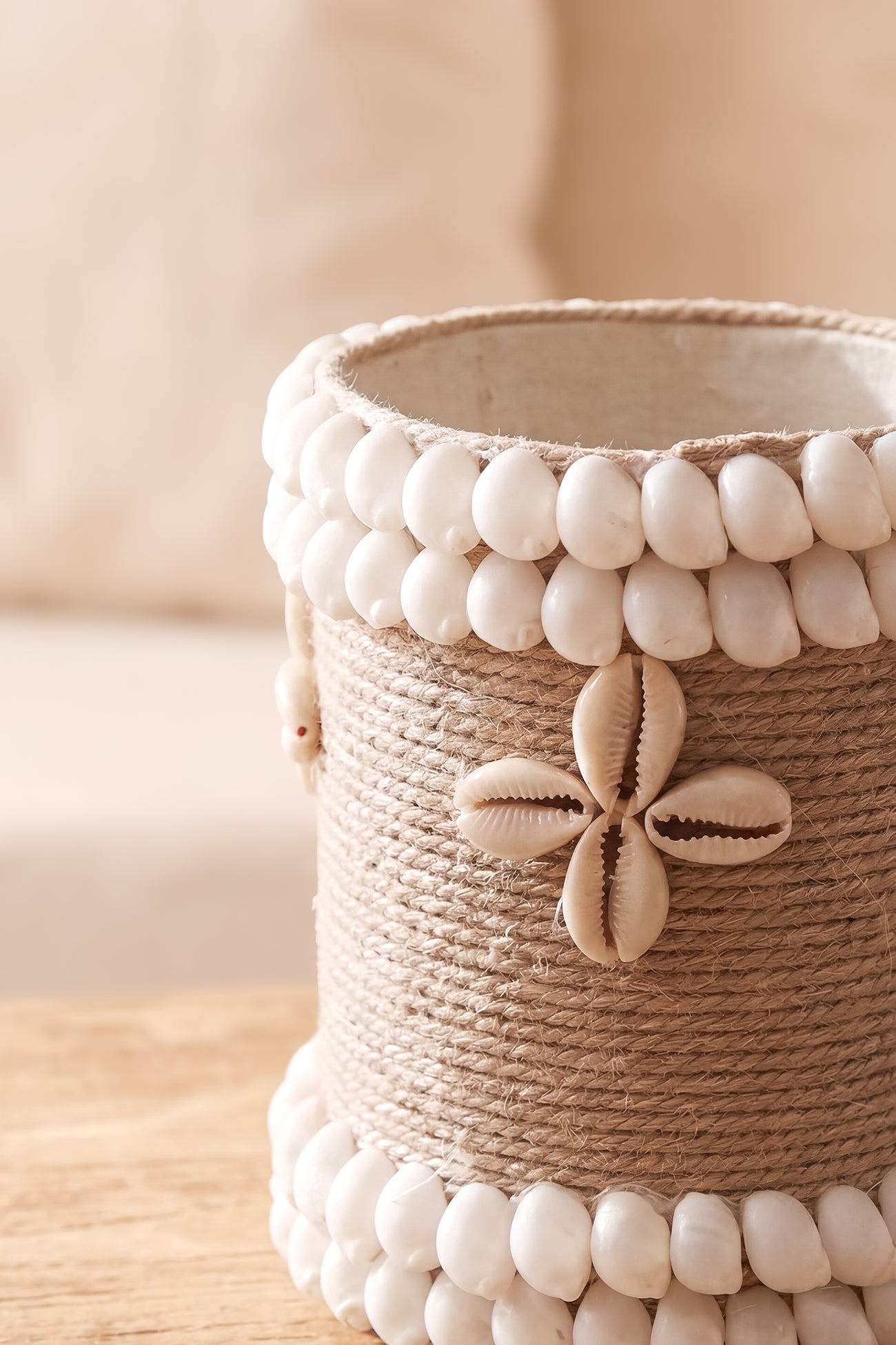 Ibizamode small handmade basket with shell details in bohemian bathroom styling
