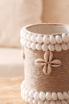 Ibizamode small handmade basket with shell details in bohemian bathroom styling