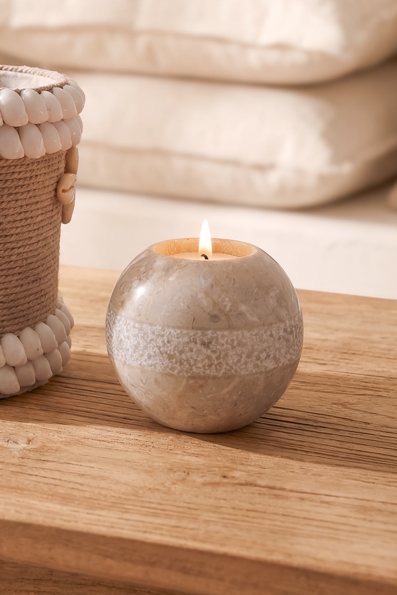 Ibizamode natural marble tealight holder with pearl texture in bohemian interior styling