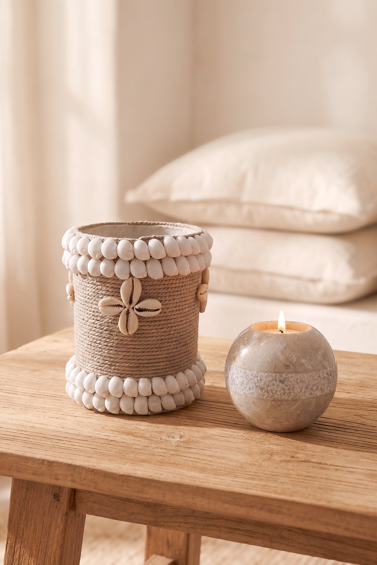 Ibizamode small handmade basket with shell details in bohemian bathroom styling