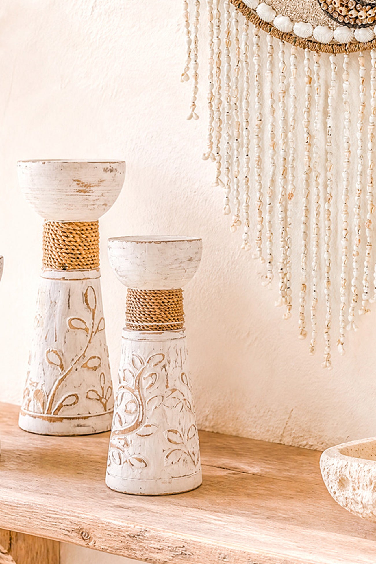 Ibizamode Leaves Candlestick White houten kandelaar met bohemian details