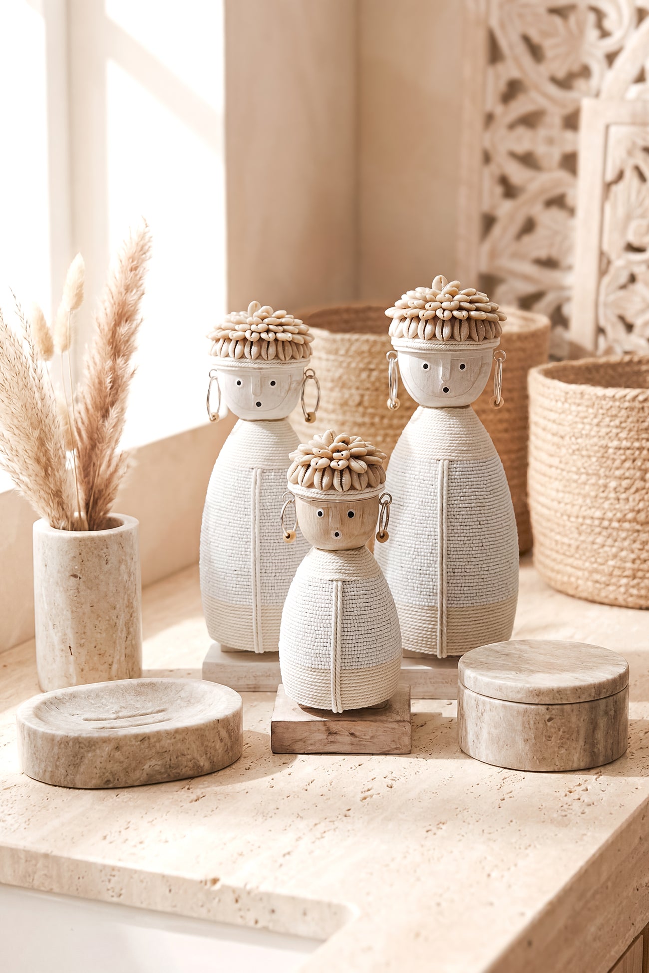 Ibizamode handcrafted white boho soul doll with shell details in bohemian interior