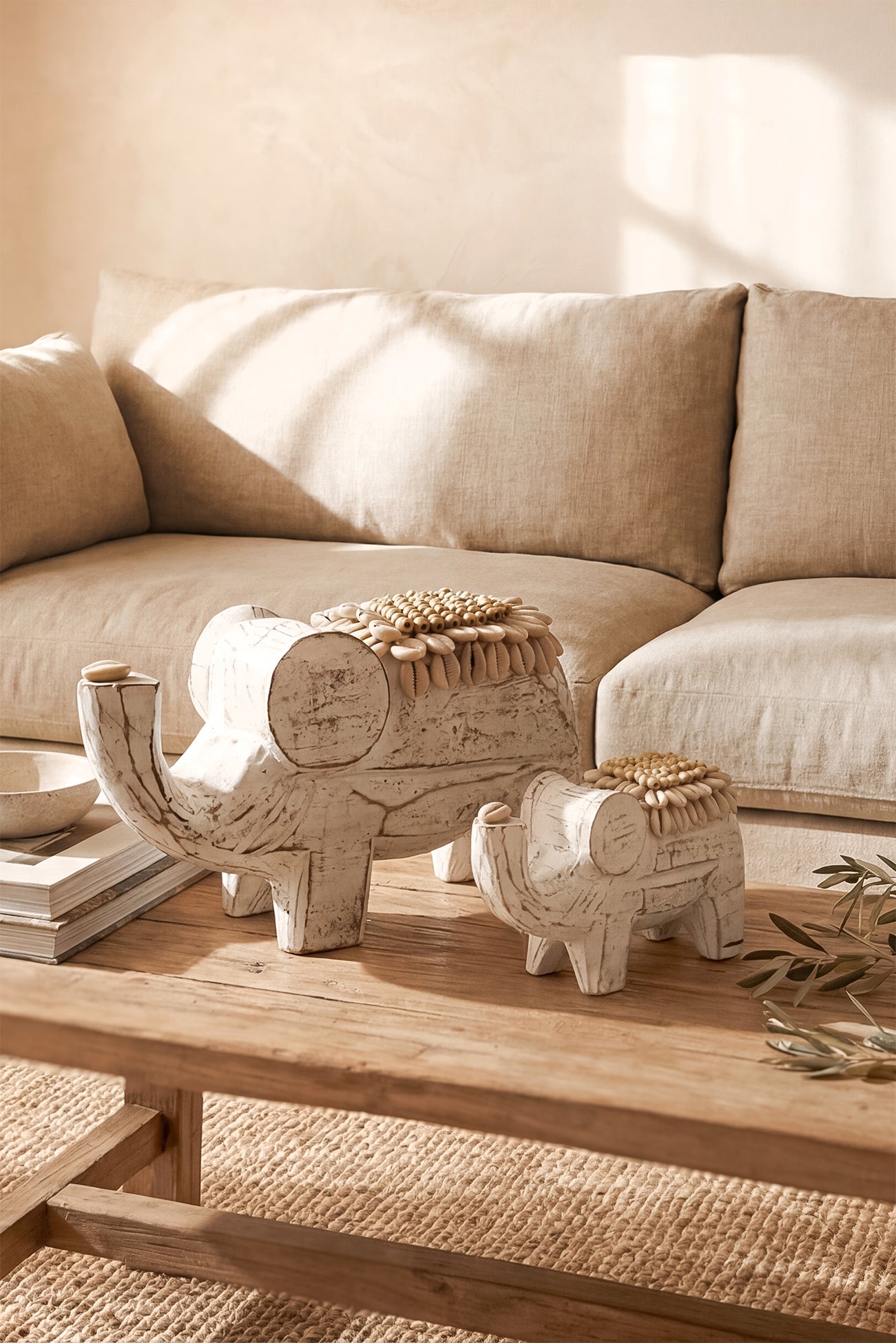 Ibizamode handcrafted wooden elephant decor in natural bohemian interior