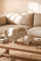 Ibizamode handcrafted wooden elephant decor in natural bohemian interior