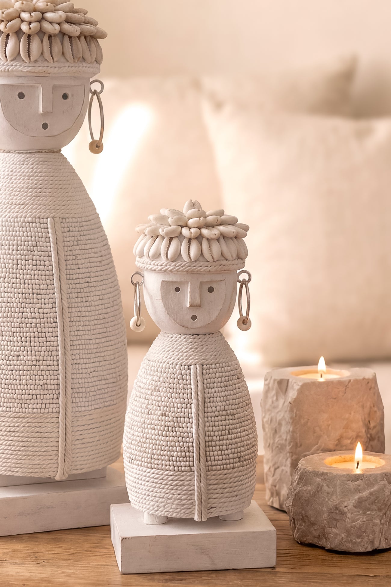 Ibizamode handcrafted white boho soul doll with shell details in bohemian interior