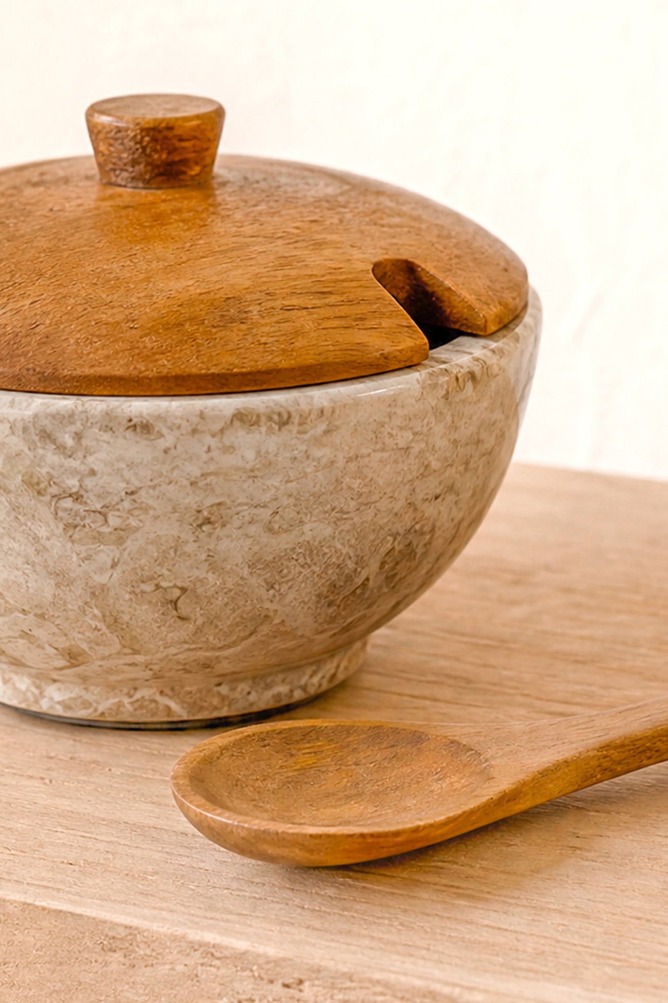 Ibzhome Marble Sugar Pot marmeren suikerpot met houten deksel en lepel