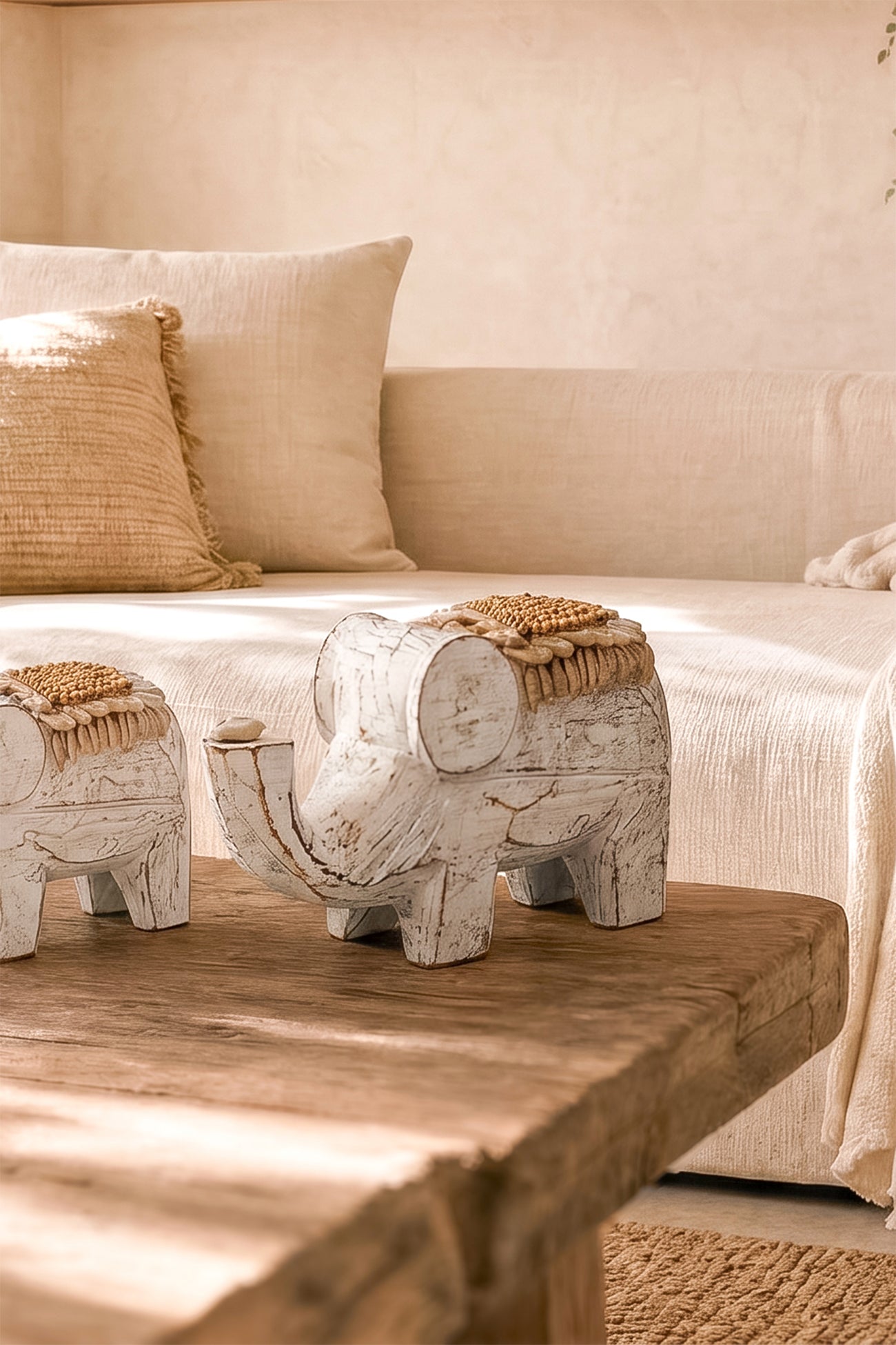 Ibizamode handcrafted wooden elephant decor in natural bohemian interior
