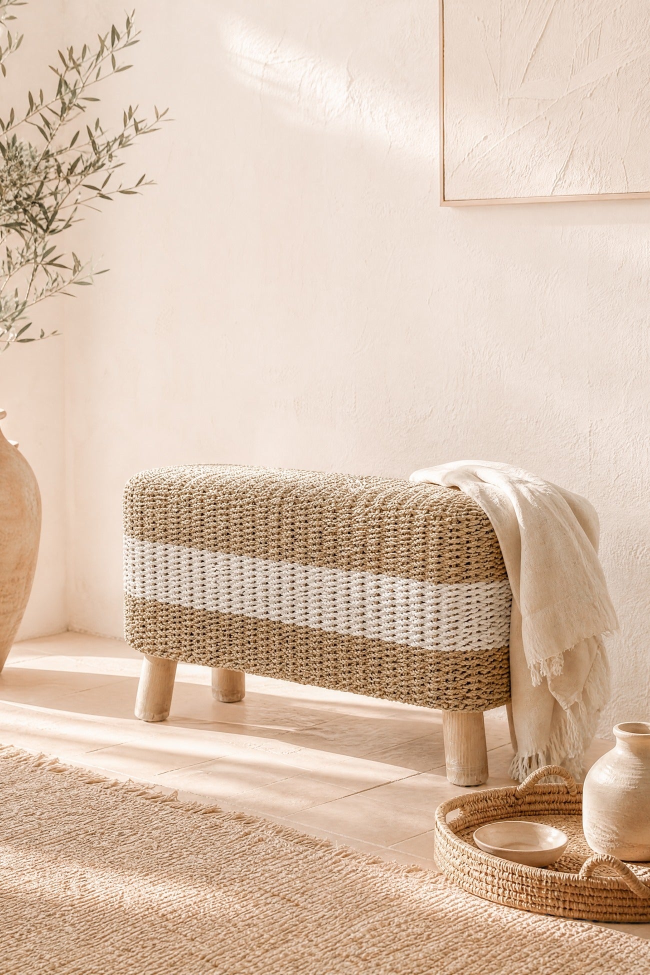 Rattan-Bank Natur | Boho Wohnbank