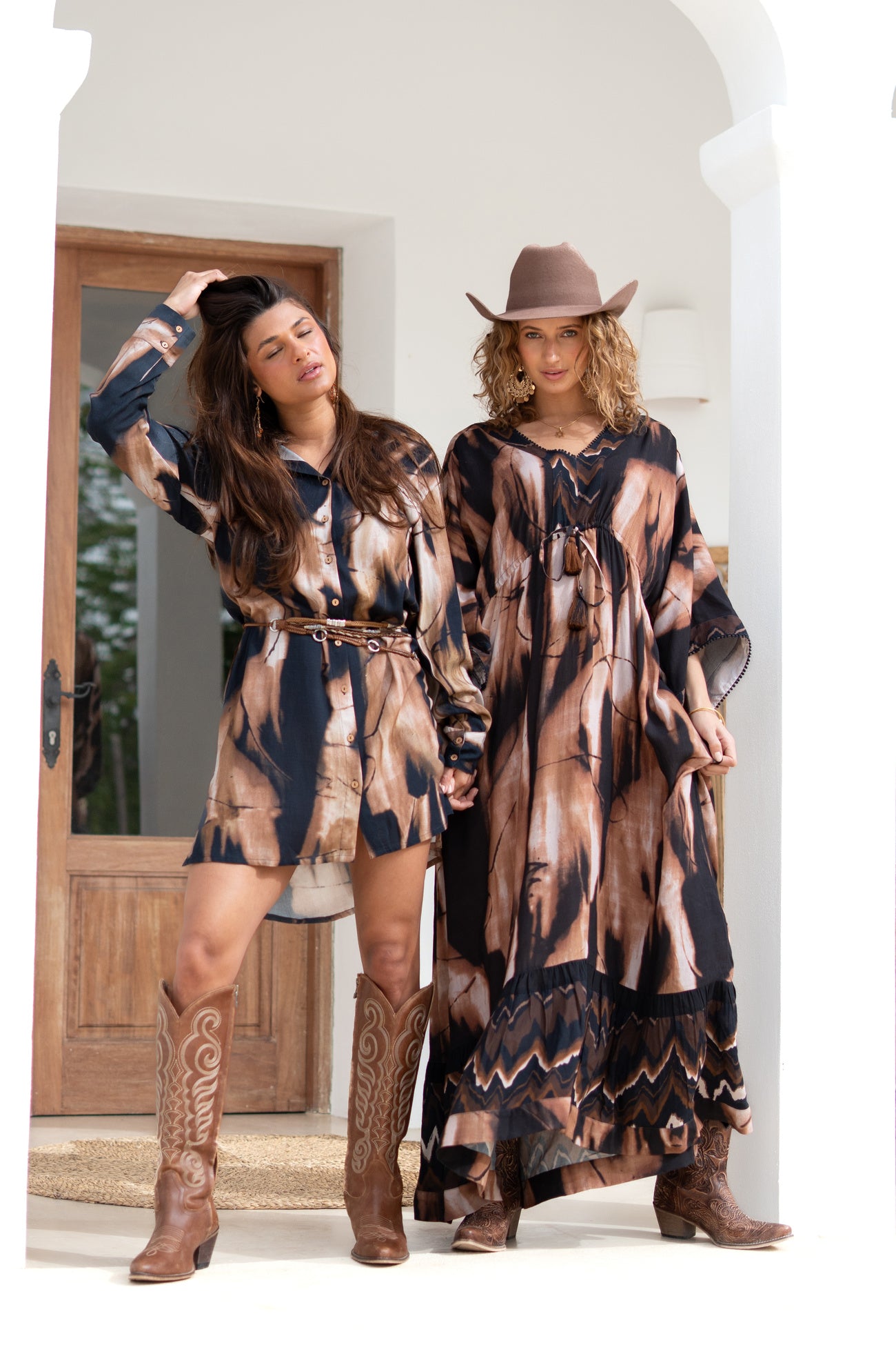 Ibzmode Long Kaftan Juna Ecru boho print kaftan with chevron border and tassel waist cord
