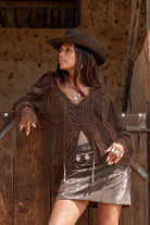 MOOST Wanted Nadia Lace Blouse Dark Brown donkerbruine kanten boho blouse met franjes en lange mouwen