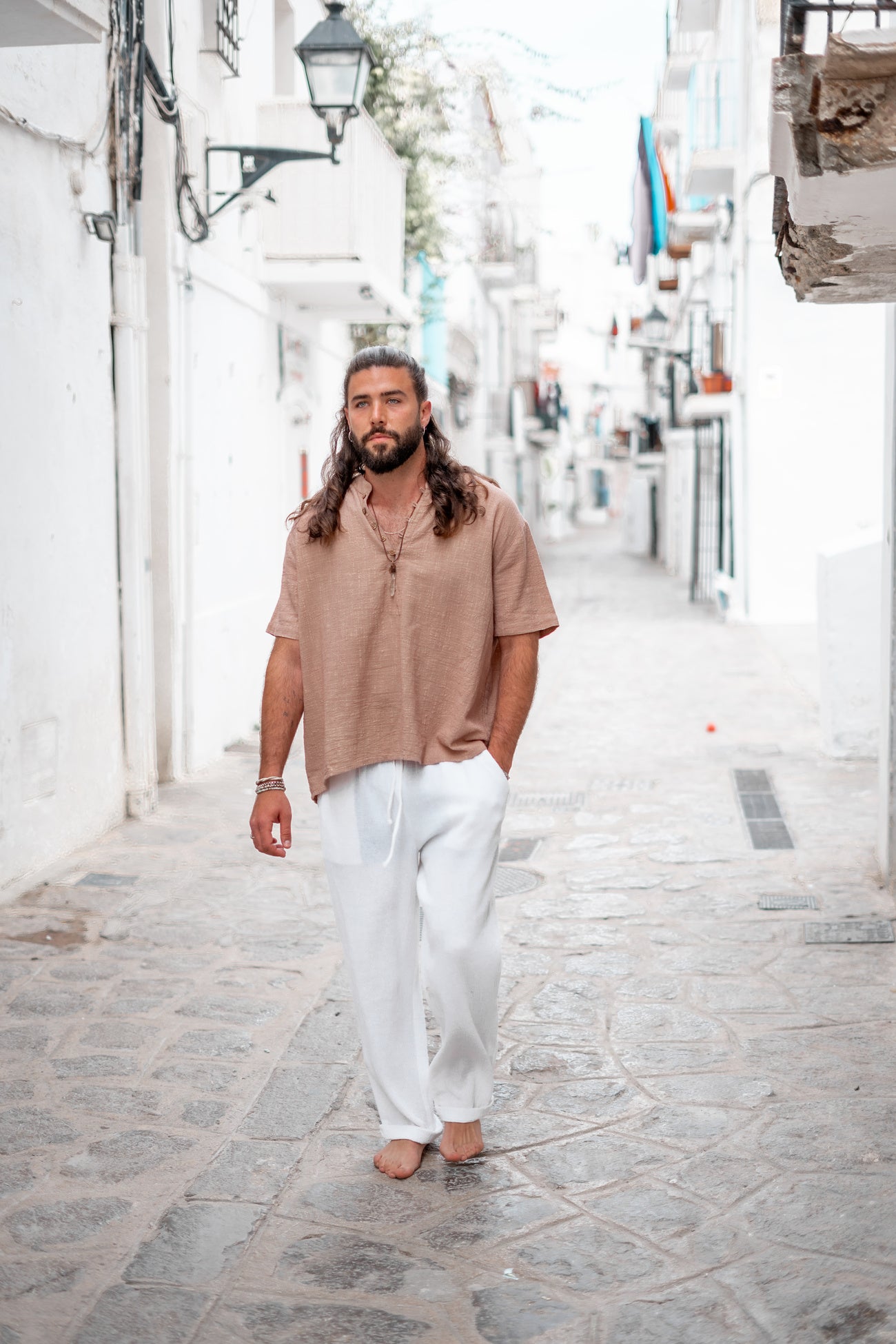 Bohemian blouse in taupe van ibzmode, Brands of Ibiza