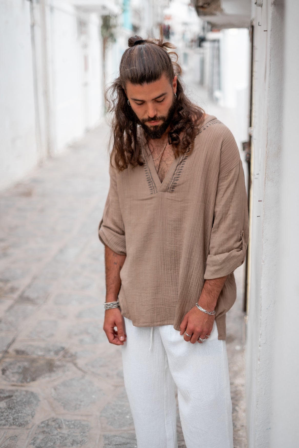 Bohemian blouse in taupe van ibzmode, Brands of Ibiza