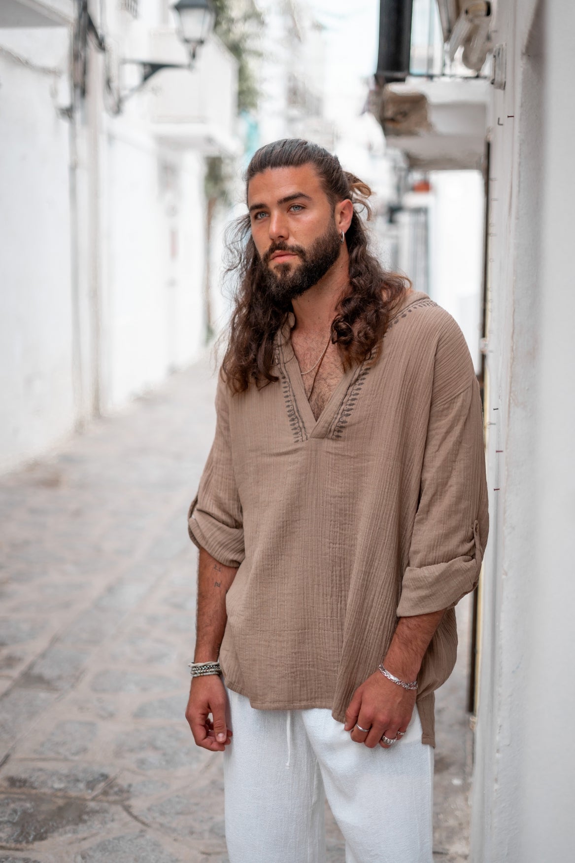 Bohemian blouse in taupe van ibzmode, Brands of Ibiza