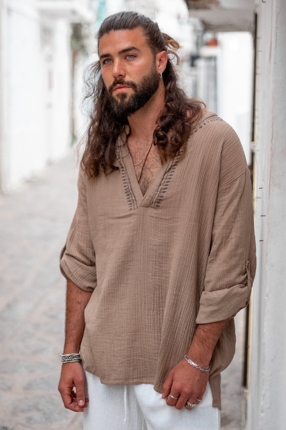 Bohemian blouse in taupe van ibzmode, Brands of Ibiza