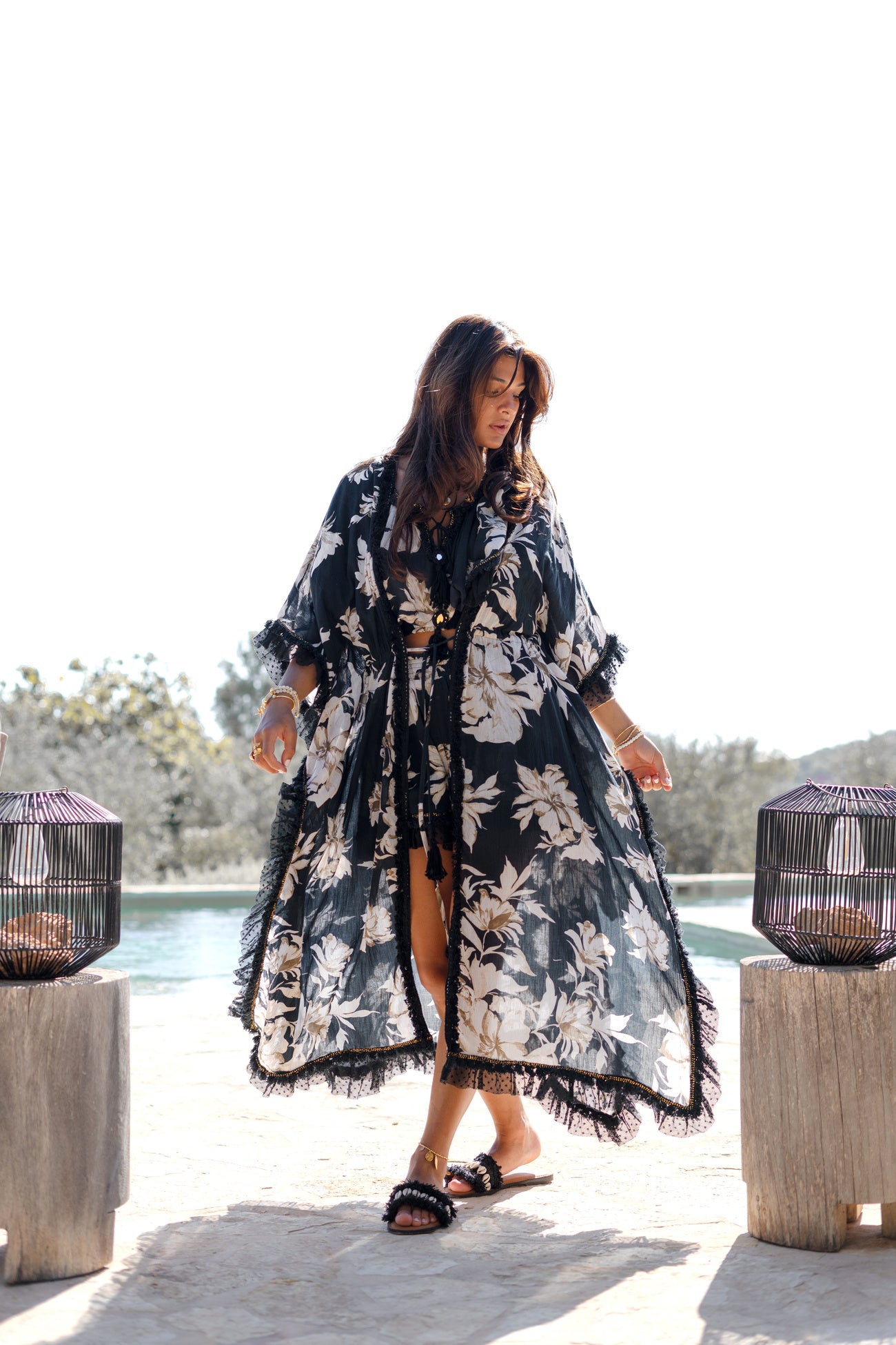 Ibizamode Bohemian Bloom black floral fringe kimono with flowing silhouette