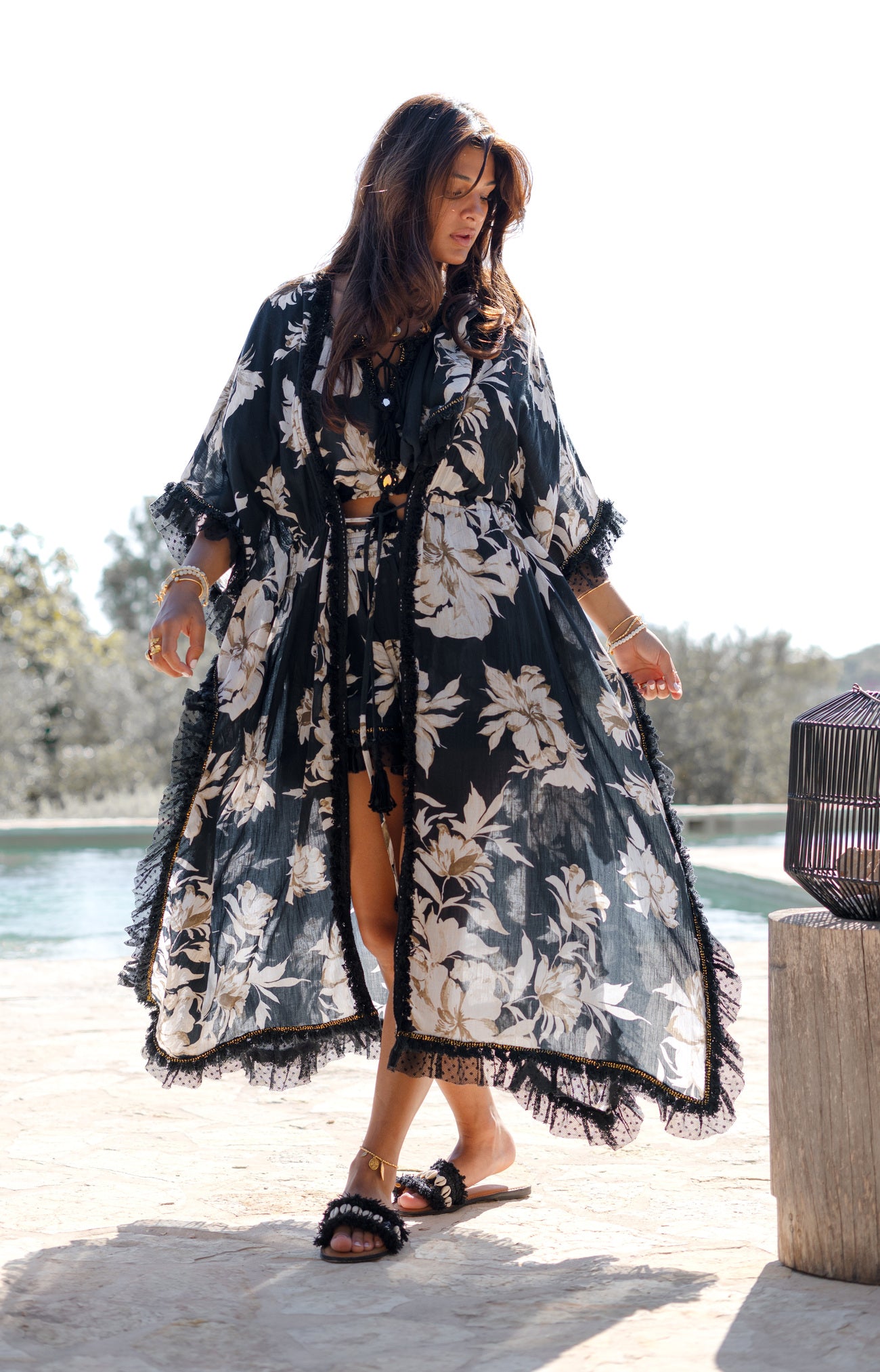 Ibizamode Bohemian Bloom black floral fringe kimono with flowing silhouette