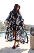 Ibizamode Bohemian Bloom black floral fringe kimono with flowing silhouette