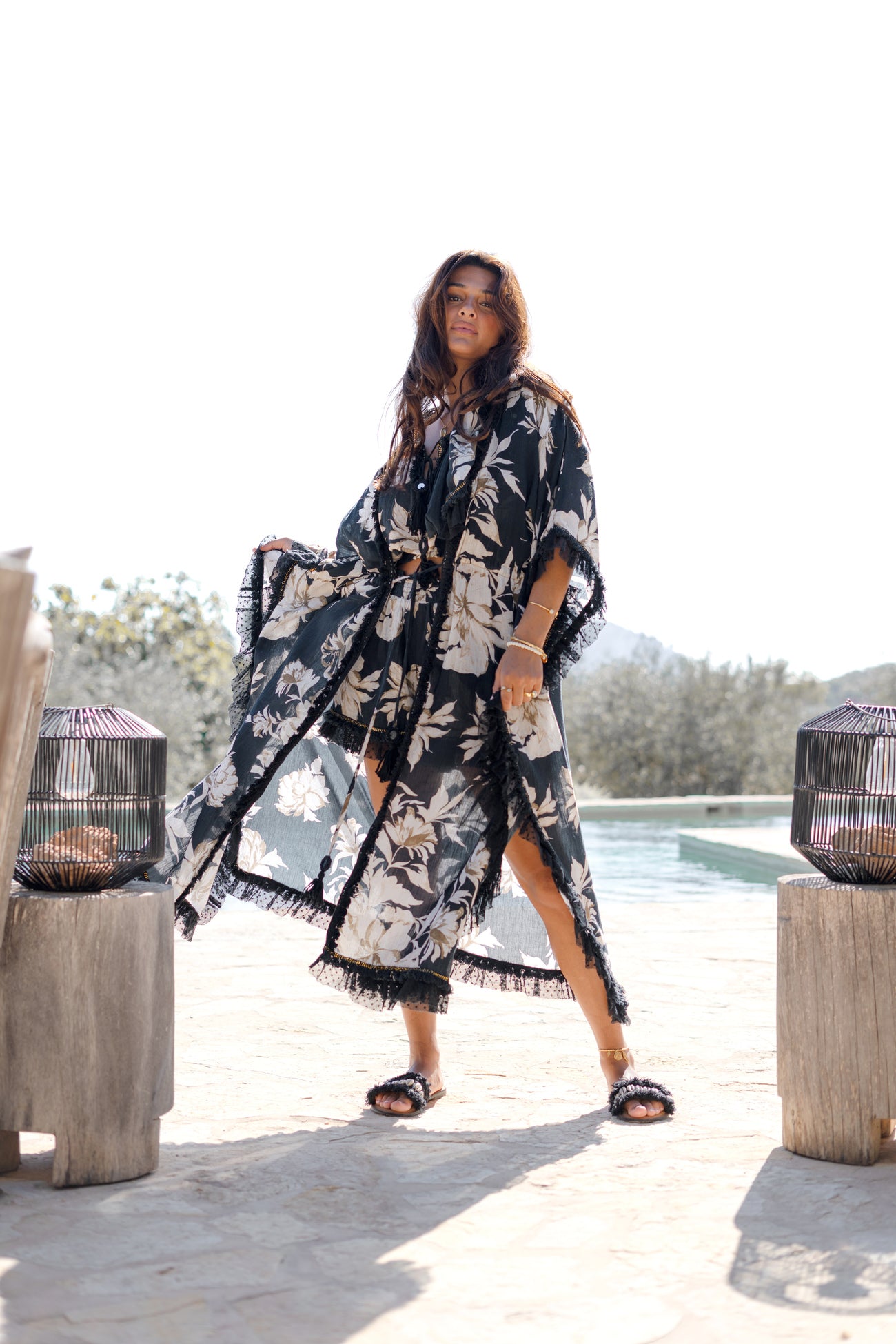 Ibizamode Bohemian Bloom black floral fringe kimono with flowing silhouette
