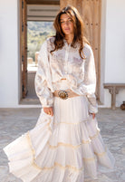 Ibizamode Bohemian Bloom ivory Lucia skirt with layered ruffles and lace trim