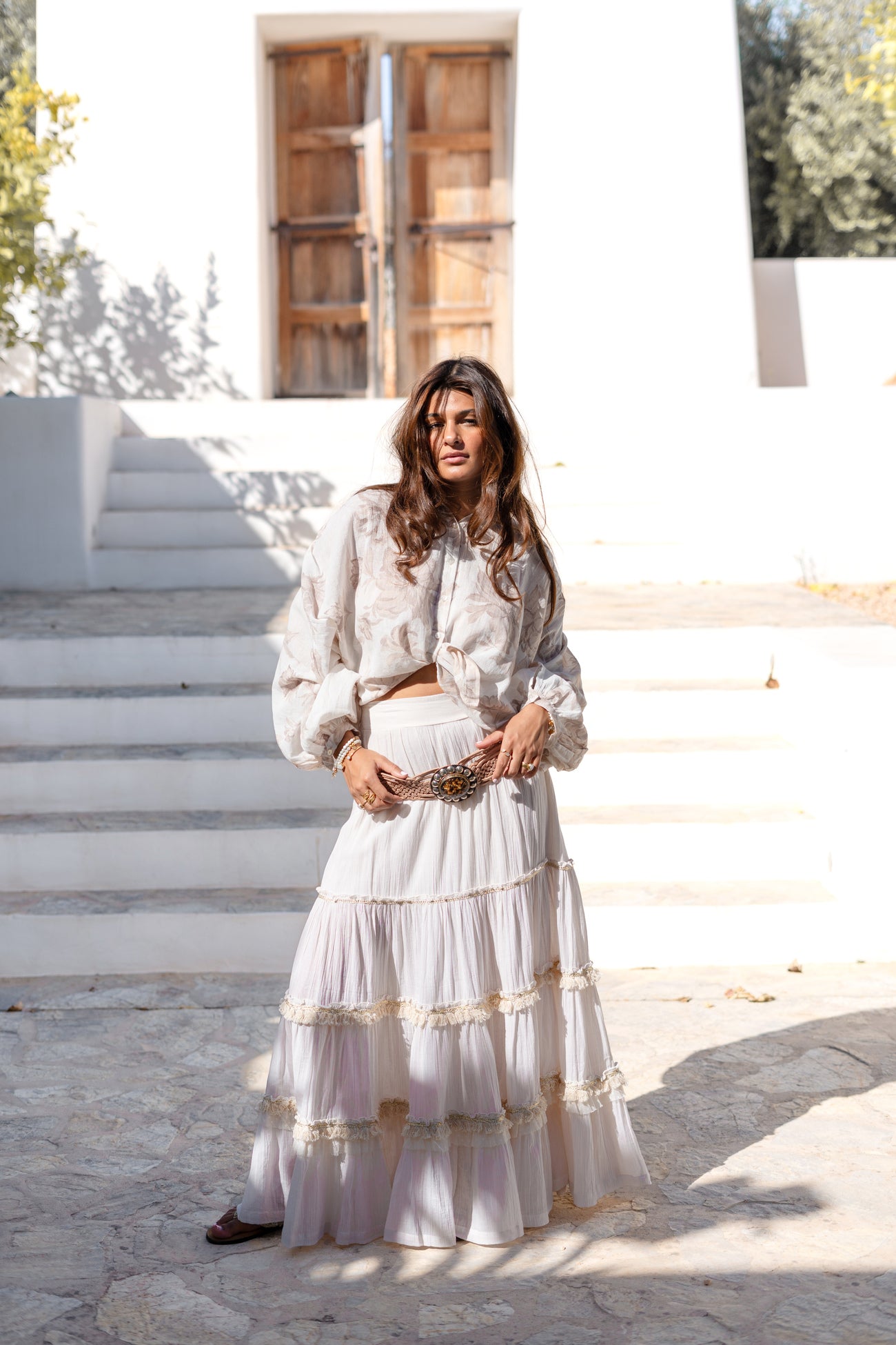 Ibizamode Bohemian Bloom ivory Lucia skirt with layered ruffles and lace trim