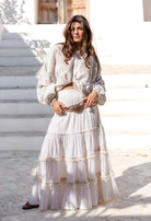 Ibizamode Bohemian Bloom ivory Lucia skirt with layered ruffles and lace trim