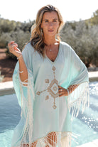 Ibizamode Kaftan Noelia Soleria Aqua with fringe details and airy viscose fit