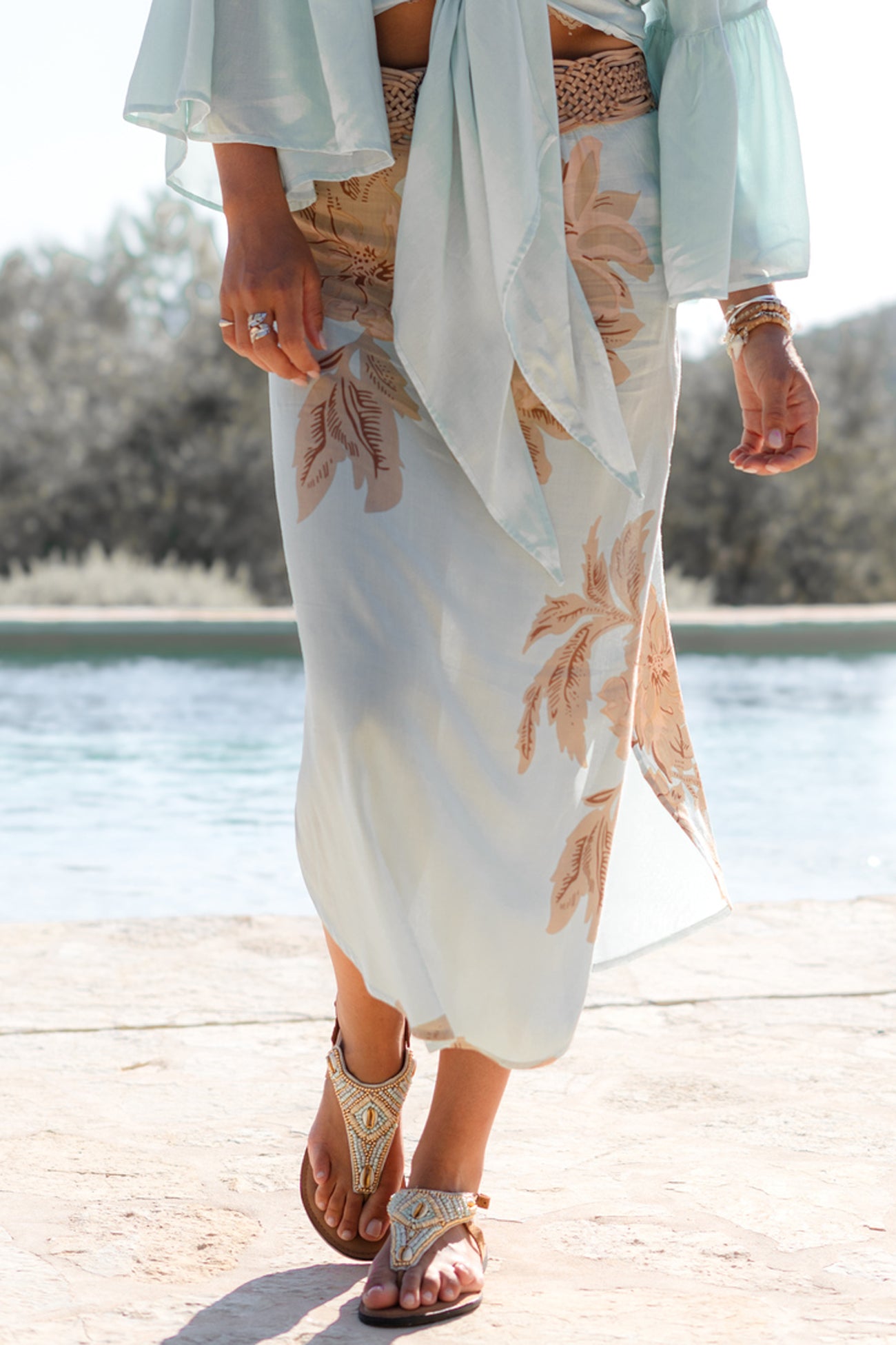 Ibizamode Skirt Varlota Isalea Mint floral midi skirt