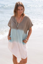 Ibizamode Short Kaftan Noa Almora Taupe with airy printed look and relaxed summer fit