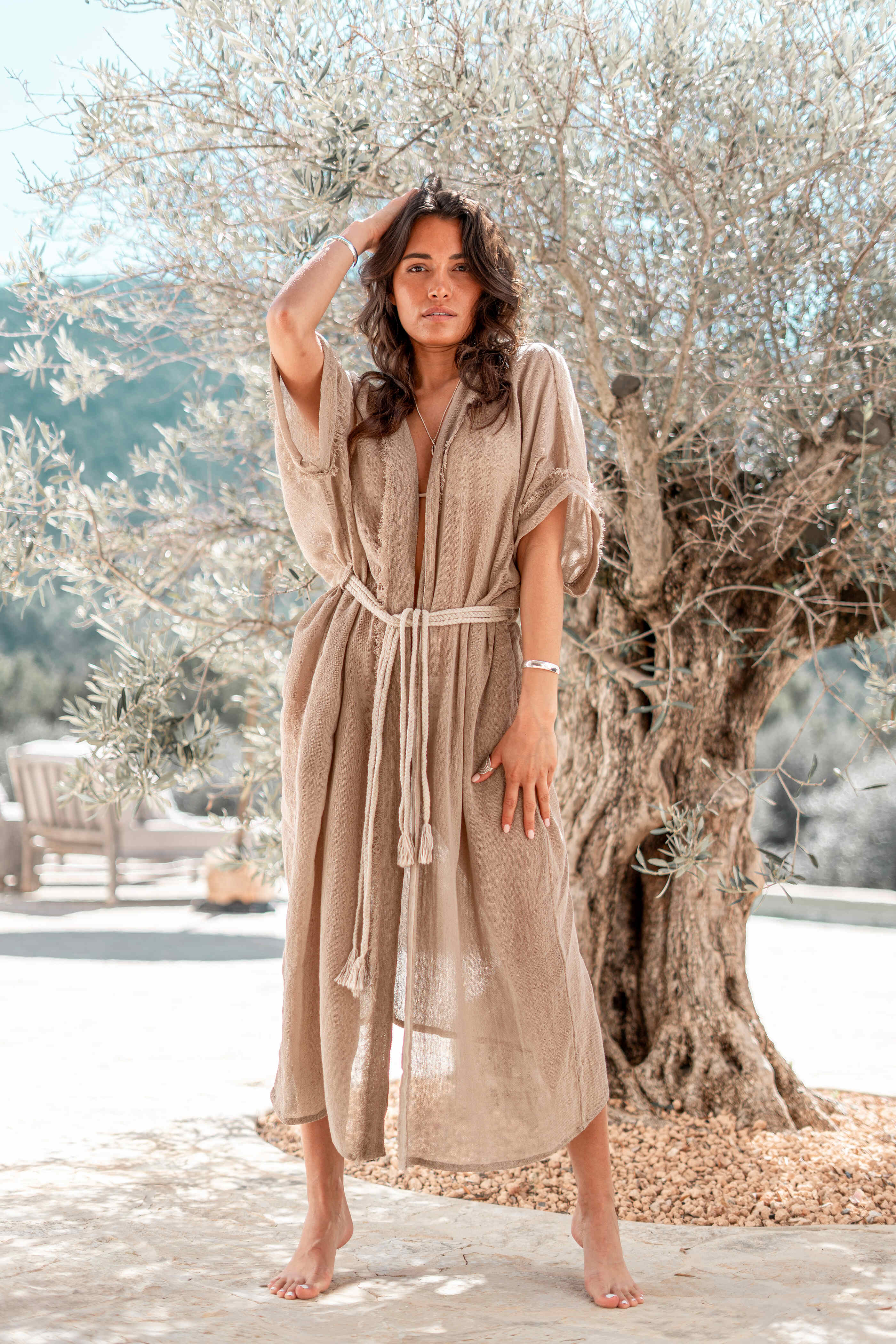 Bohemian kimono in taupe van ibzmode, Brands of Ibiza
