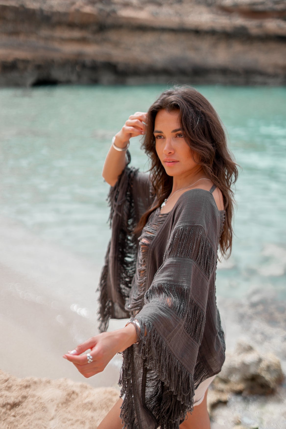 Bohemian top in dark antraciet van ibzmode, Brands of Ibiza