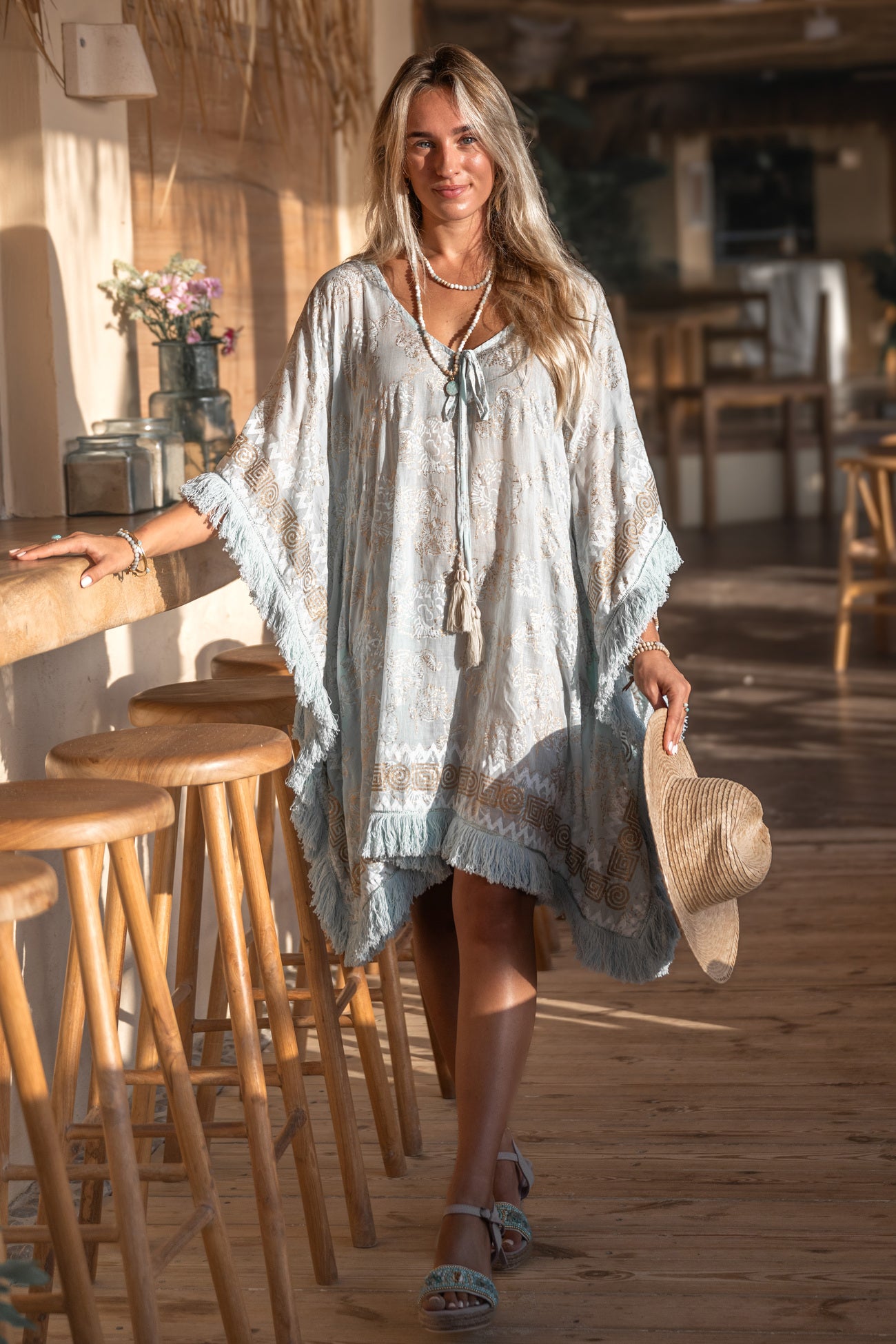 Ibzmode Short Kaftan Tavina Lumira Baby Blue with golden details and bohemian beachwear style