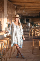 Ibzmode Short Kaftan Tavina Lumira Baby Blue with golden details and bohemian beachwear style