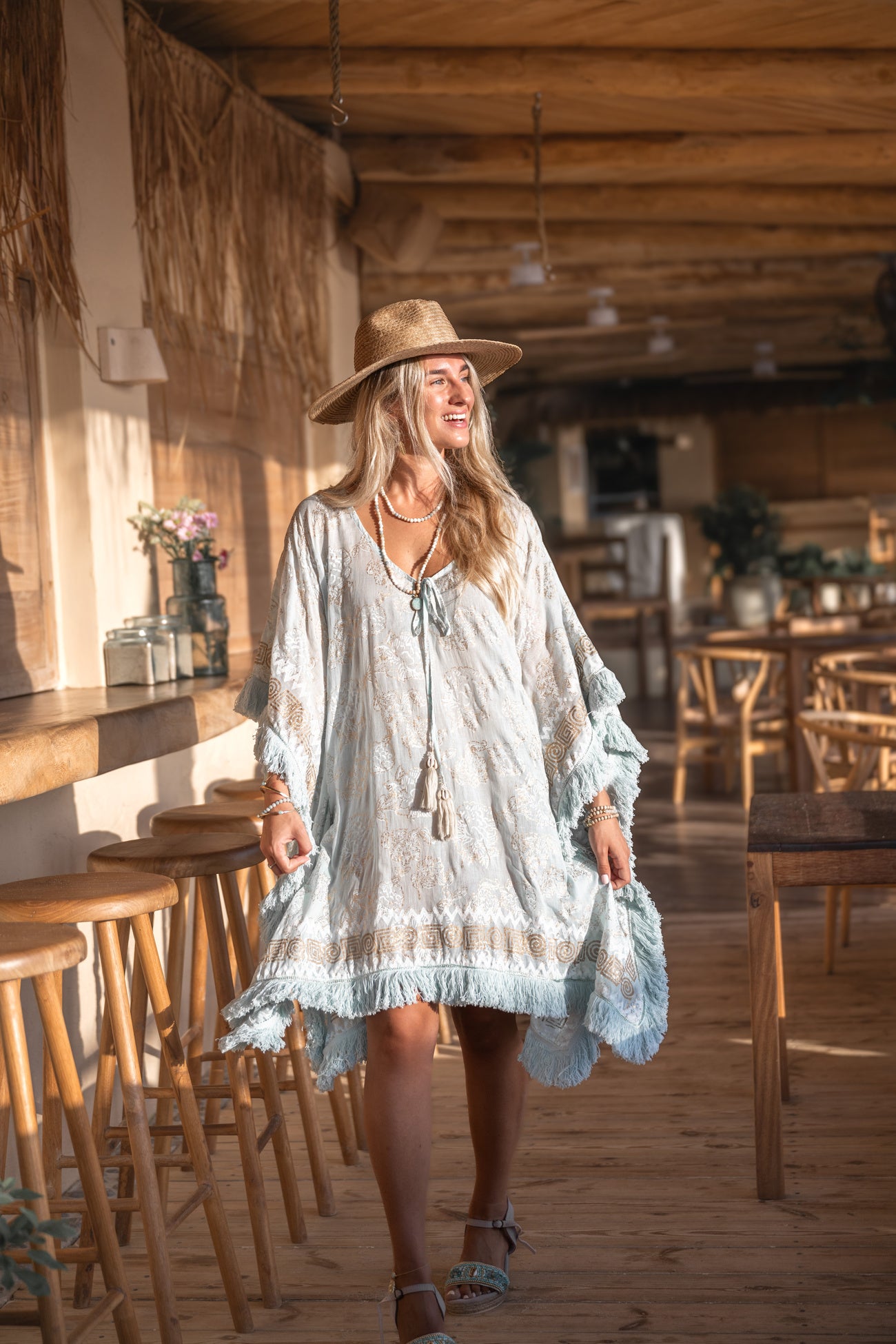 Ibzmode Short Kaftan Tavina Lumira Baby Blue with golden details and bohemian beachwear style